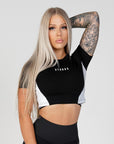 Women's Phoenix Crop Tee - Gym Tee- Black & White - flattering design, raw cut off, Perfect for Workouts