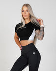 Women's Phoenix Crop Tee - Gym Tee- Black & White - flattering design, raw cut off, Perfect for Workouts