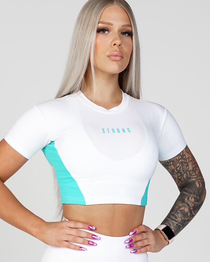 Women's Phoenix Crop Tee - Gym Tee-  White & Teal- flattering design, raw cut off, Perfect for Workouts