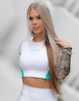 Women's Phoenix Crop Tee - Gym Tee-  White & Teal- flattering design, raw cut off, Perfect for Workouts