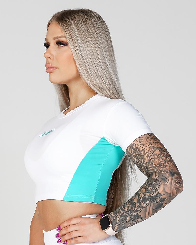 Women's Phoenix Crop Tee - Gym Tee-  White & Teal- flattering design, raw cut off, Perfect for Workouts