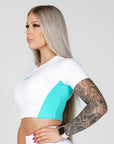 Women's Phoenix Crop Tee - Gym Tee-  White & Teal- flattering design, raw cut off, Perfect for Workouts